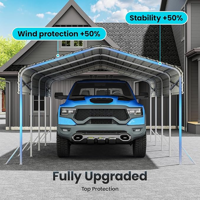 12x20' Heavy Duty Metal Carport – Sturdy Structure, All-Weather Protection, Easy Assembly for Cars, Trucks, Boats, Tractors, and Outdoor Storage (White, 12x20FT)