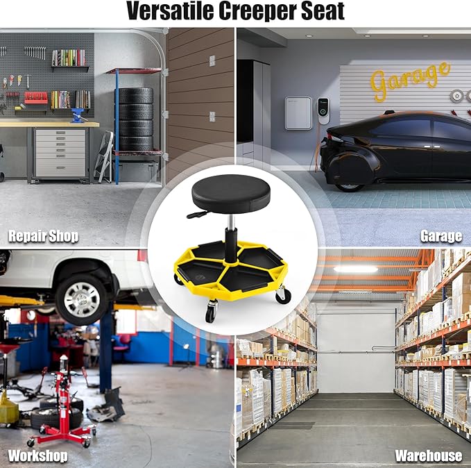 IRONMAX Rolling Mechanic Stool, Adjustable Shop Stool Creeper Seat with Removable Tool Tray, Padded Plush Cushion, Universal Wheels, Heavy Duty Metal Frame, 330 LBS Max Load (Yellow)
