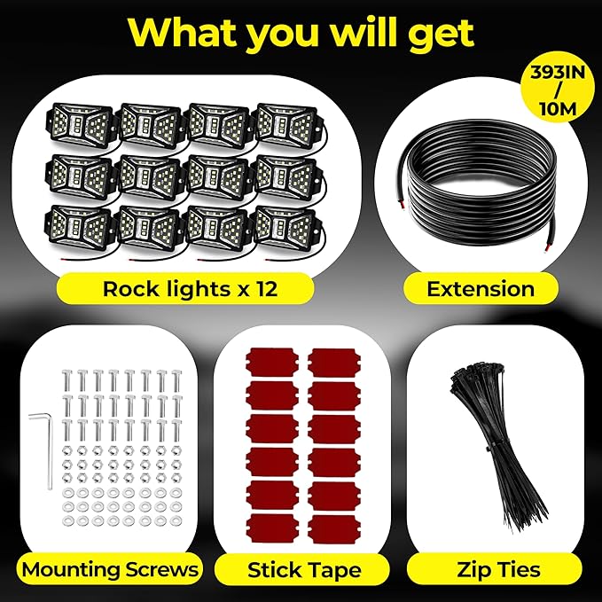 12 Pods 324 LED White Rock Lights with 11yd/10M Extension Wire, 6000K Super Bright Underglow Light, Waterproof IP67, 360° Full Angle Illuminate Rock Lights for Trucks Jeep UTV ATV SUV Boats