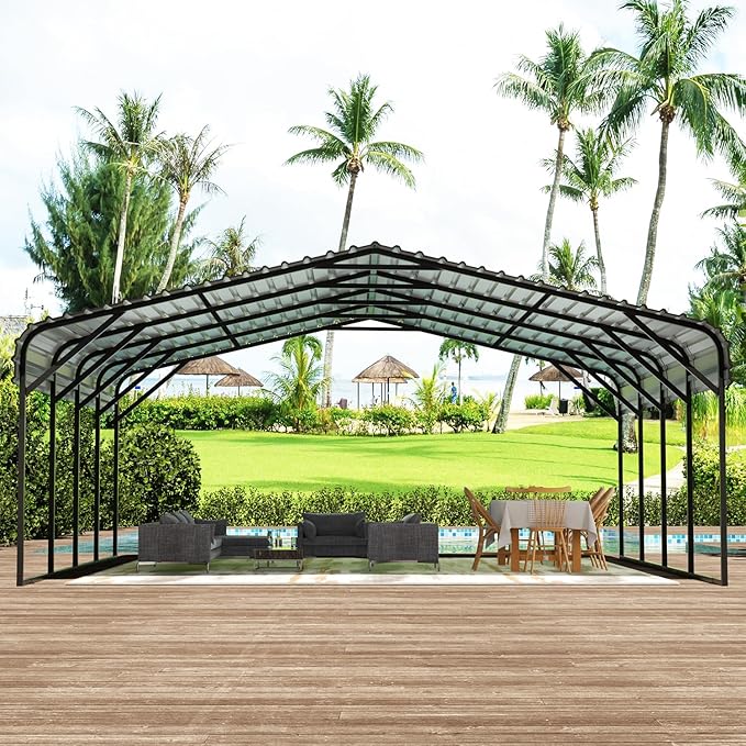 EBE 20' x 20' Outdoor Carport, Heavy Duty Metal Carports with Galvanized Steel Roof and Enhanced Base, Carport Canopy Car Shelter Shade for Cars, Ractor, Boat