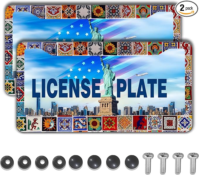 License Plate Protector for Women Multicolor License Plate Frames for Men Mexican Tiles Universal Aluminum Car Accessory 2 Pack with Screw Covers Set