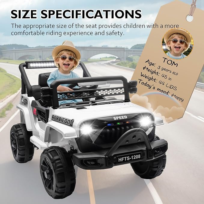 12V Ride on Electric Truck Car for Kids, 12V Kids Electric Vehicles w/Remote Control, Four-Wheel Suspension, USB, Bluetooth, Power Display, Lights, Battery Powered Ride on Toys for Boys Girls (White)