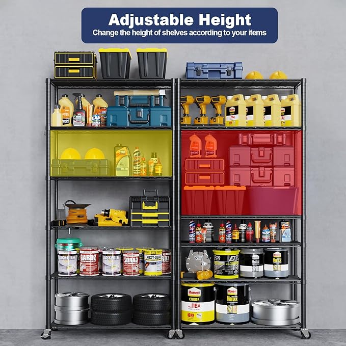 Himix 73''H X 35.5''W X14''D 6 Tier Wire Shelf with Wheels 10 Hooks, Adjustable NSF Wire Shelving Unit Heavy Duty Metal Storage Shelves Free Standing Rack Organization for Pantry,Kitchen,Garage