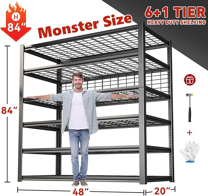 REIBII 84" H Garage Shelving, 6-Tier Storage Shelves Heavy Duty Loads 3500LBS, 48" W Adjustable Garage Shelves, Metal Shelving for Basement, Warehouse, 84" H x 48" W x 20" D, 3PC