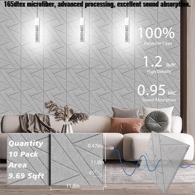 【10 Pack】 Acoustic Panels Self-Adhesive (0.4" Thick | 0.8lb/ft³ Medium Density) - 12x12 Soundproof Foam Tiles for Home Office/Wall Sound Absorption, Noise Reduction Panels Studio Use - Gray