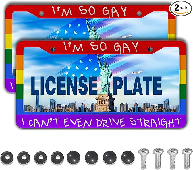 License Plate Frames Rainbow Automotive Exterior Accessories I'm So Gay I Can’t Even Drive Straight Aluminum Metal Car Accessory 2 Pack with Screw Covers Set