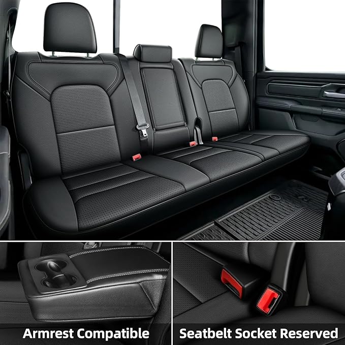 Custom Fit Seat Covers for Dodge RAM 1500 2019 2020 2021 2022 2023 2024 2025 Leather Cars Seats Cover Full Set Black