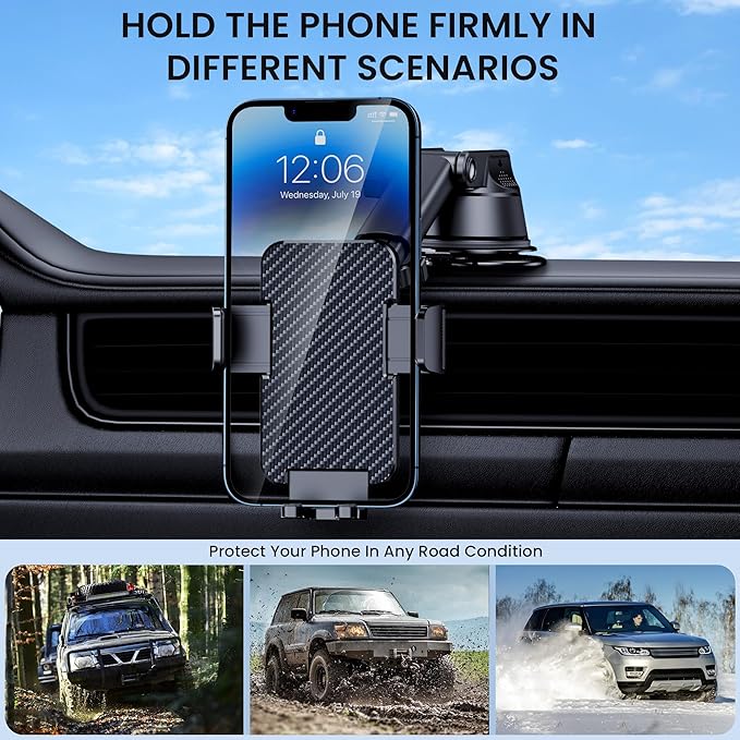 Phone Holder Car [Military Grade Suction Ultra Strong Base] Cell Phone Car Holder 3 in 1 Dashboard Windshield Air Vent Hands-Free for iPhone Android Phones