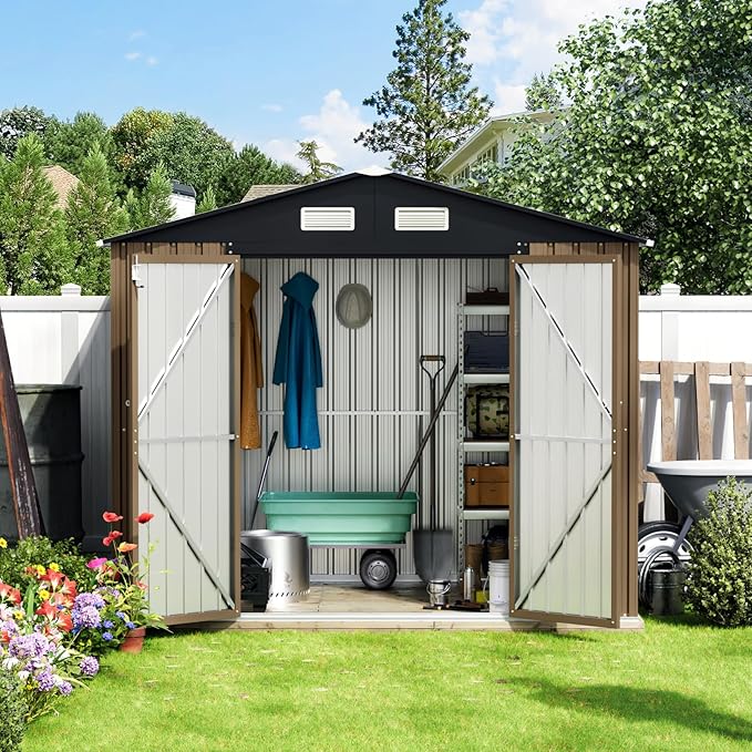 8X6FT Outdoor Steel Storage Shed with Lockable Doors, Frame Floor (No Wood/Other Boards),One Big Window,Ideal for Garden, Backyard, Patio Storage,Brown