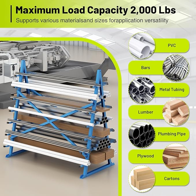 Horizontal Lumber Storage Rack, Heavy Duty 2000 LBS, 60” W x 66” H x 40” D, 7-Tier Metal Garage Shelf with Adjustable Arms for Wood, Pipes, and Building Materials