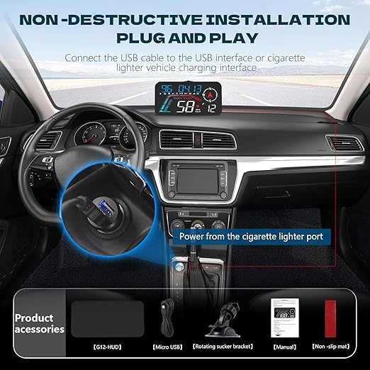 Hud Car Head Up Display G12 with HD LED Display for All Speedometer for All Speedometer Models, with Adaptive Light Sensing