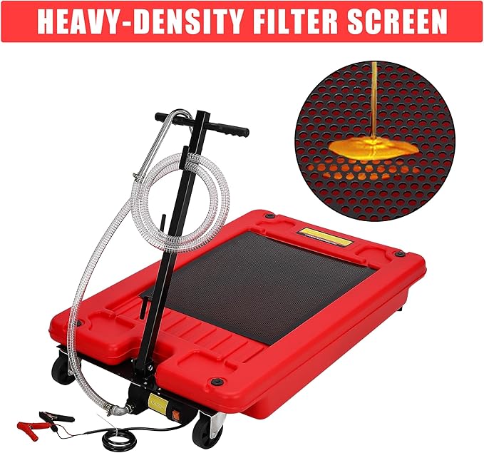 ‌17 Gal Electric Oil Drain Pan, Low Profile Mobile Oil Changing Pan with Hand Pump, 8 Ft Hose & Quick Drain Valve, Leak-Proof Design for Truck Car Motorcycle, Garage Workshop Use