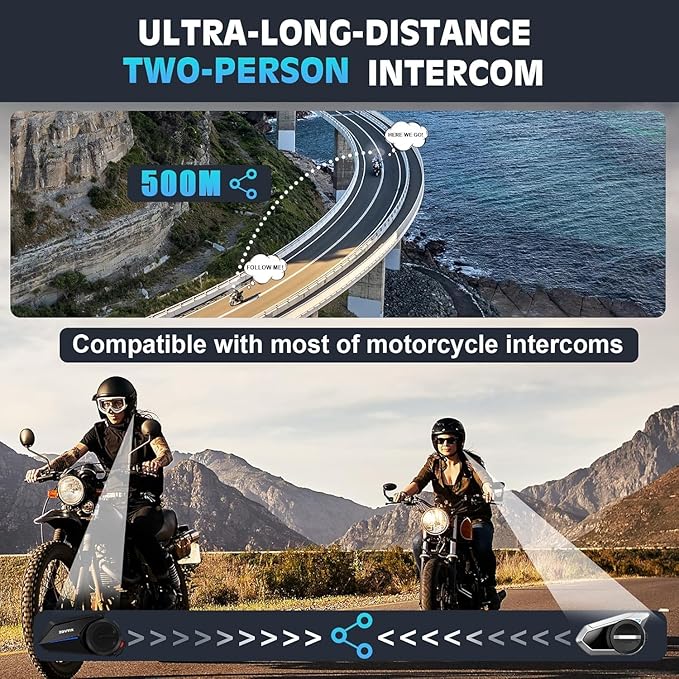 Motorcycle Helmet Headsets, 2 Riders 500M Helmet Communication System S2 Motorcycle Intercom Headset with DSP&CVC Noise Cancellation/HiFi Sound/IP67 Waterproof/Wake up Siri - Single Pack