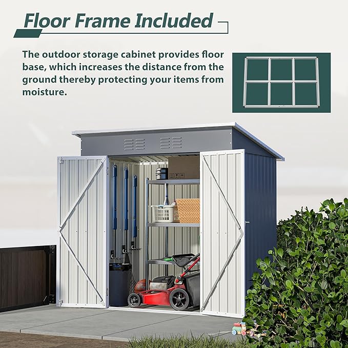 6 x 4 FT Outdoor Storage Metal Shed, Bike Garden Tool Shed with Slooping Roof, Lockable Doors and Aluminum Frames, Shed Easy to Assemble for Garden, Patio, Lawn, Grey