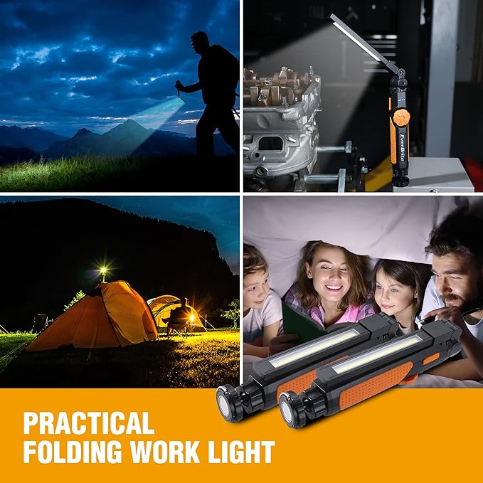 EverBrite 2 Pack LED Rechargeable Work Light, 800LM COB Foldable Flashlight, Magnetic Work Lights with Hanging Hook, 360° & 270° Rotation, 4 Power Indicator Lights - for Car Repair, Home, Emergency