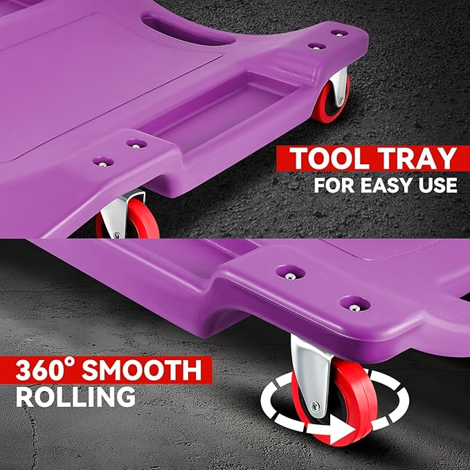 Auto Dynasty 36 Inches Mechanic Creeper, Automotive Garage Repair Low Profile Under Car Rolling Creeper with Padded Headrest, Plastic, Purple