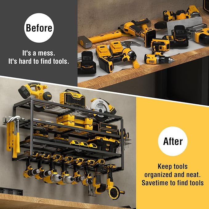 YYR 4 Layer Power Tool Organizer Wall Mount, Cordless Drill Hanger Storage Rack, Battery Tools Holder with Charging Station Shelf for Garage Organization, Workshop, Pegboard, Shed - 32 Inch 8 Slots