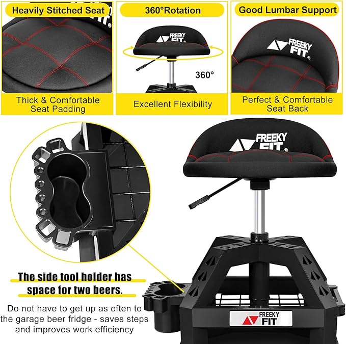 Rolling Shop Stool for Garage with Casters, DO02-Adjustable Height 360° Swivel Shop Seat with Tool Tray Storage, 330 LBS Capacity Padded Mechanic Stool, Magnetic Tool Hold, Heavy Duty, Black