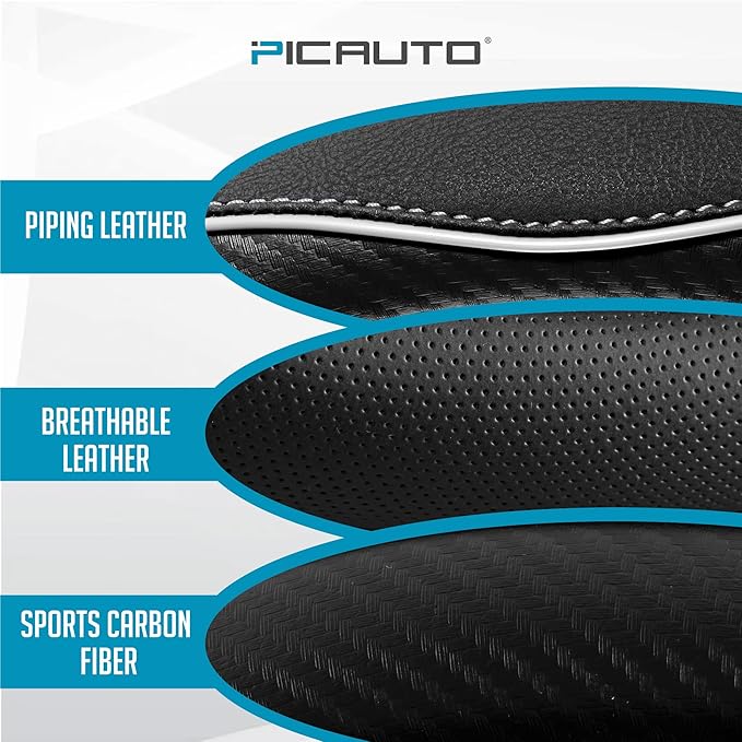 PIC AUTO Steering Wheel Cover, Gray Piping Leather, Sports Carbon Fiber and Super Breathable Leather, Universal 14.5-15.5 Inch Anti-Slip Steering Wheels Accessories for Men & Women