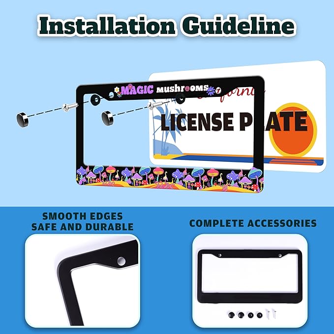 Magic Mushrooms License Plate Frame Colorful Dream Stainless Steel License Plate Holder for Front or Rear Car Tags Funny for Car Decoration Accessories with Screws 6.3 X 12.2 in for Women Men
