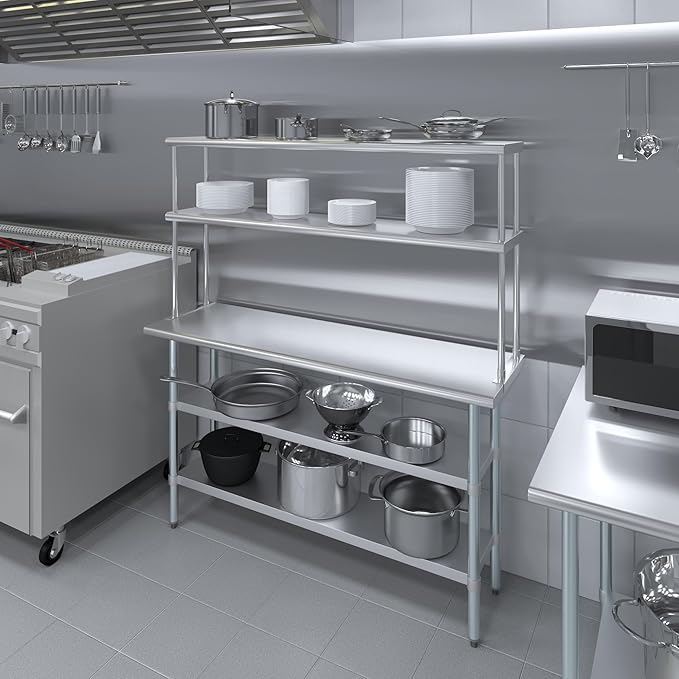 Amgood Stainless Steel Work Table with 2 Shelves | Metal Kitchen Prep Table & Shelving Combo (18" x 60" Table with 2 Shelves + 12" Overshelf)