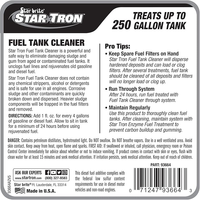STAR BRITE Star Tron Fuel Tank Cleaner - Remove Sludge, Varnish & Other Deposits - Rejuvanate Old, Stale Fuel - Concentrated Formula Works In Gas Tanks & Diesel Tanks - 64 OZ (093664) , blue