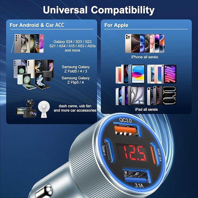 Car Phone Charger, Besgoods USB C Car Charger Adapter 4 Ports with Voltmeter PD&QC Fast Charging Cigarette Lighter USB Charger for iPhone 16 15 14 13 12 Galaxy S24 S23 A54 A15 Dash Cam Car Acc, 2Pack