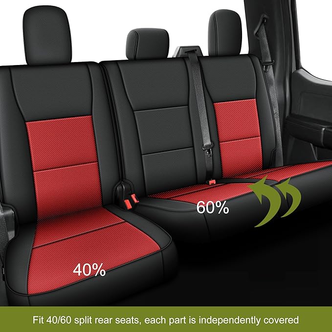 AOMSAZTO Seat Covers for Ford F150 XL XLT: 2015-2024 SuperCrew & F250 F350 F450 2017-2024 Super Duty Crew Cab XL XLT Faux Leather Full Set Seat Cover (Black + Red, Full Set)