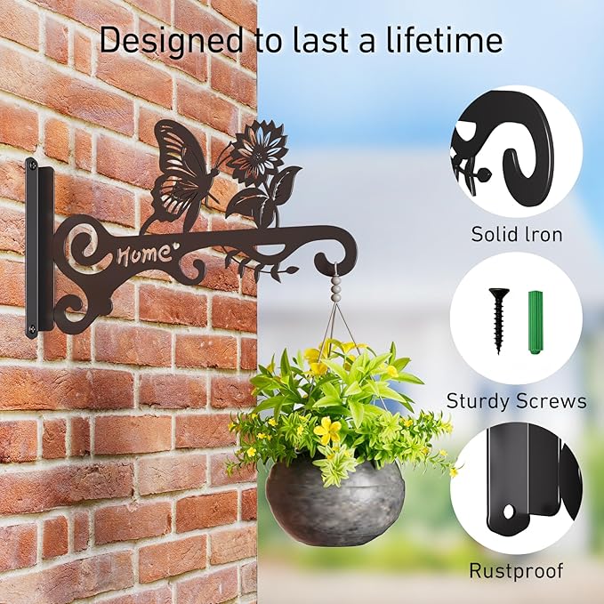 10 Inch Metal Plant Hooks (2-Pack) - Decorative Wall Hangers with Butterfly Design for Indoor & Outdoor Use - Hanging Brackets for Plants, Flower Baskets, Bird Feeders - Patio, Garden, Home Decor