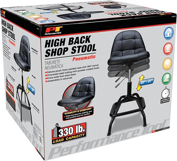 Performance Tool W85031 Pneumatic High Back Adjustable Swivel Bar Stool with Back Support for Home, Bar, and Shop, Black, 26-32-Inches High