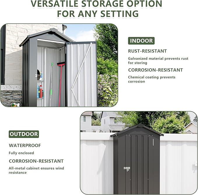 Outdoor Metal Storage Shed, Waterproof Garden Tool Shed with Lock, Galvanized Steel Utility Cabinet, Weather-Resistant Storage Locker for Backyard, Patio, Garage Tools Organization (Black)