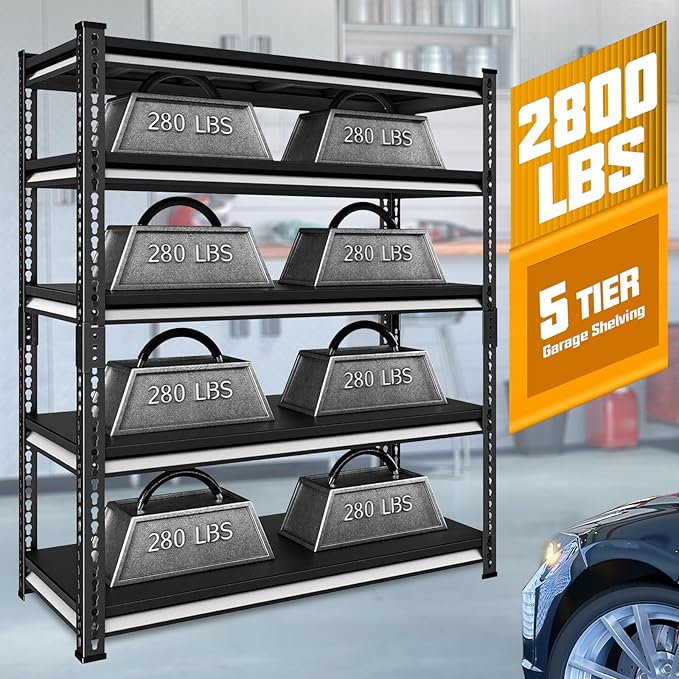 48" W Garage Shelving Heavy Duty, 2800LBS Loads Adjustable Garage Storage Shelves, 5-Tier Metal Shelving Units and Storage Racks, Industrial Utility Shelf,48" Wx18 Dx78 H, Black