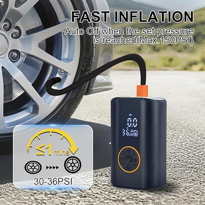 Tire Inflator Portable Air Compressor Cordless Rechargeable Mini Air Pump, with Digital Pressure Gauge & LED Lights, 150PSI Max Tire Pump for Motorcycles Bikes Cars Balls