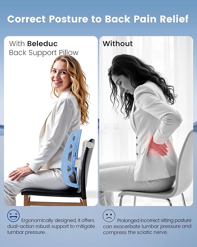 Back Support for Office Chair - Ergonomic Lumbar Support Pillow for Car, Adjustable Height, Improves Posture, Back Cushion with Straps for Home, Office, Car Seat