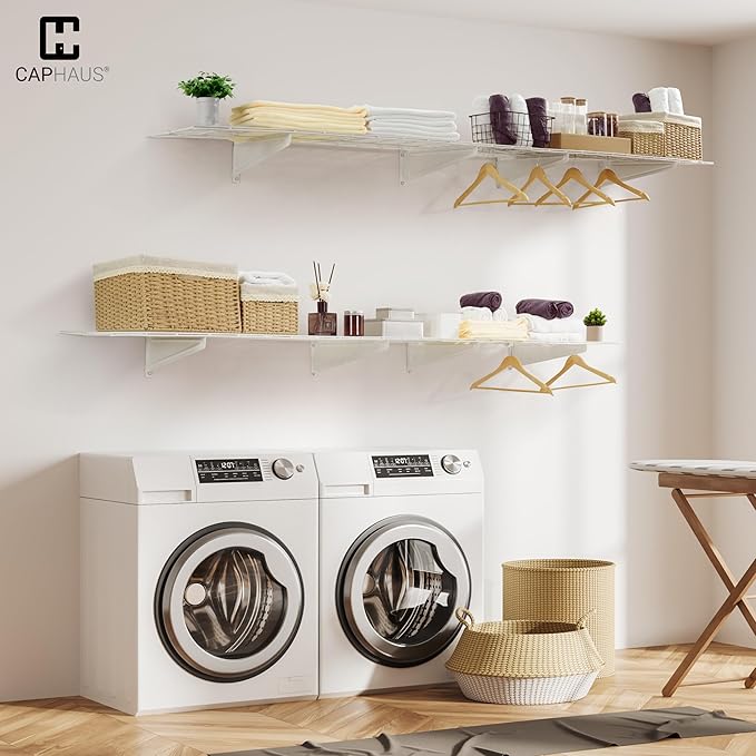 Fencer Wall Mounted Garage Shelving - 48 in. W x 18 in. D, White, Heavy Duty, 2 Hooks, 500lb Capacity
