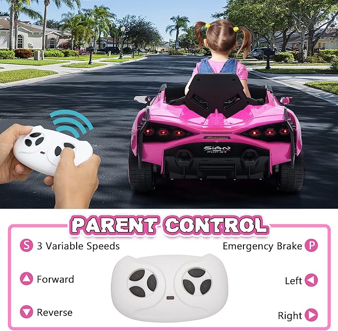 Licensed Lamborghini SIAN Kids Electric Ride On Car Toy by TOBBI, 12V Battery Powered Vehicle with Parent Remote Control for Toddlers 3-6 to Drive w/Functions/Seatbelt/Horn/LED Lights-Pink