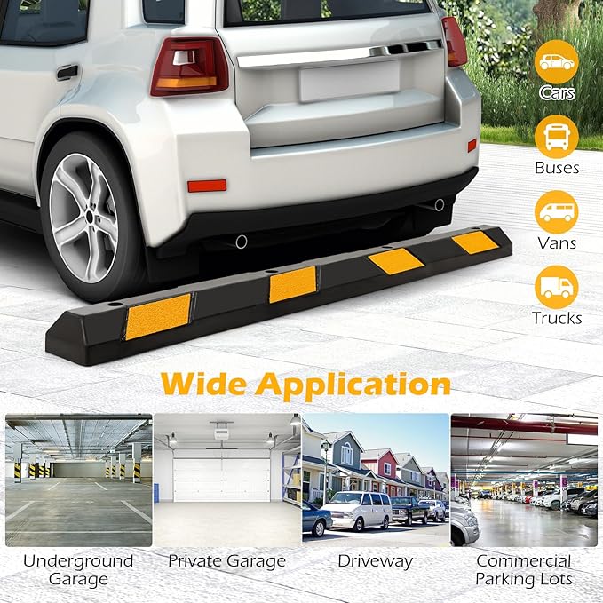 Rubber Parking Curb Garage Floor Stopper, 72" Heavy Duty Parking Lot Stopper with Yellow Reflective Stripes, Guide Wheel Stopper for Car, Truck, RV, Trailer, Driveway (1 Pack