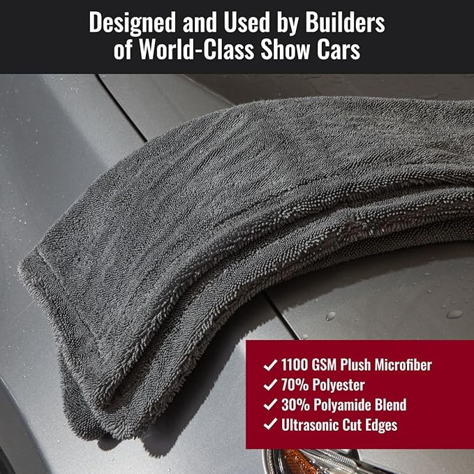 Car Drying Towel - The Finisher Microfiber Towel, 80/20 Blend, Water Absorbent and Scratch-Free Cleaning Cloths with a Hidden Edge, Dries Quickly and Efficiently (20''x32'')