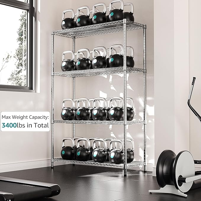 IZEUK 2640 LBS Garage Shelving Wide Storage Shelves 4 Tier Metal Shelves Heavy Duty Adjustable Utility Shelf Rack Chrome 17.7" D x 59.1" W x 70.4" H