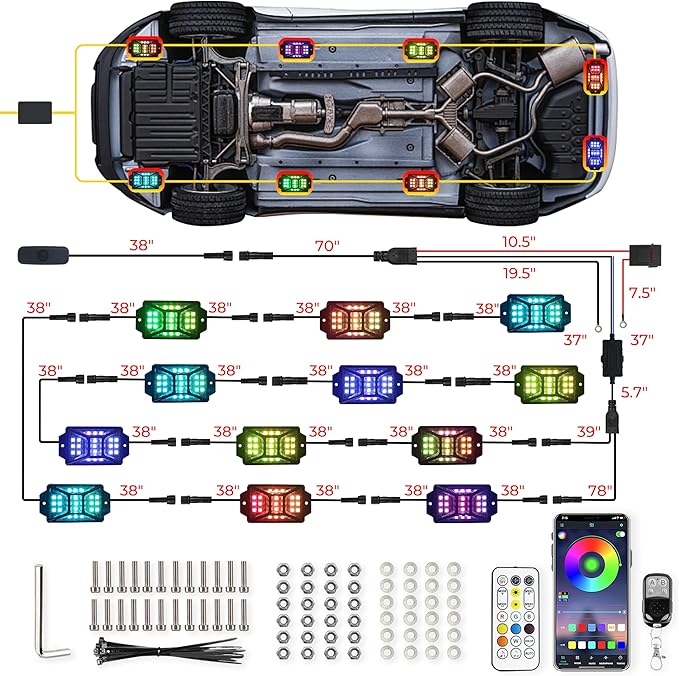 12 Pods 252 LEDs 5 Sides RGB Rock Lights, App/2 Remote Control Rock Lights for Trucks, Waterproof Multi-Color Bright Underglow Kits with Music Mode, Compatible with 12V Jeep UTV SUV ATV Golf RZR