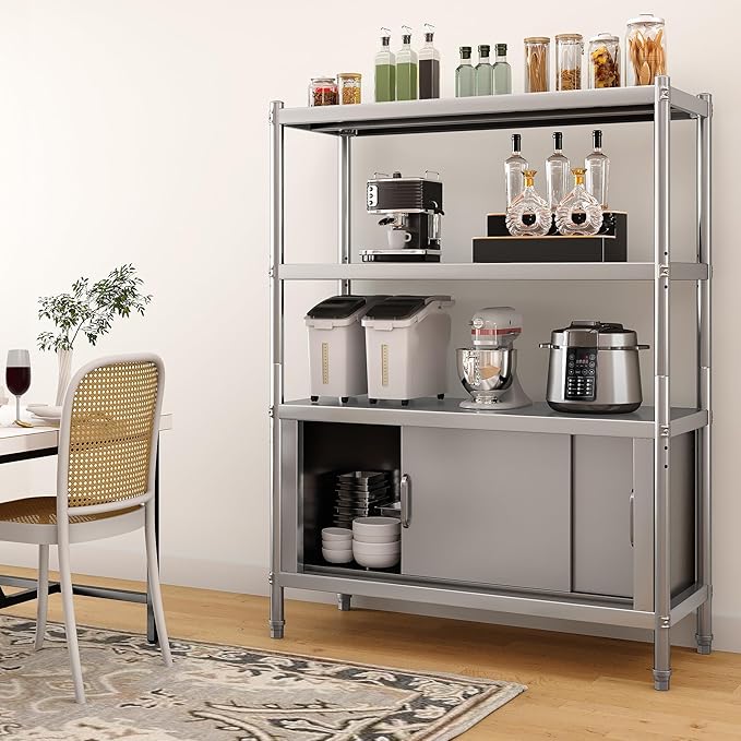 YITAHOME Stainless Steel Shelves 4 Tier, 48x18x60in Storage Shelf Unit with Cabinet, NSF Heavy Duty Floor Mount Shelving for Kitchen Garage Office Restaurant Warehouse, Indoor