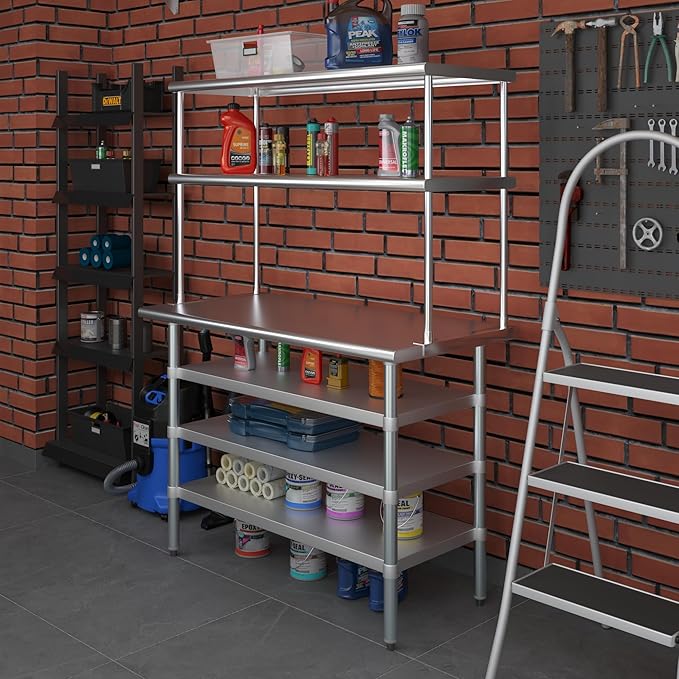 Amgood 24" x 48 Stainless Steel Work Table with 3 Shelves and 18" Wide Double Tier Overshelf | Metal Kitchen Prep Table & Shelving Combo | NSF