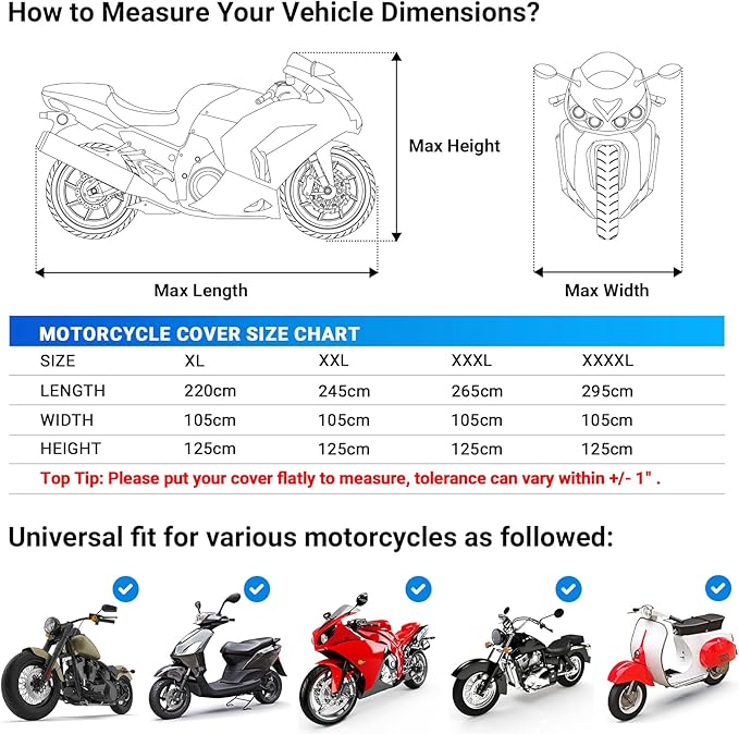 Favoto Motorcycle Cover Waterproof Outdoor - All Season Sun Protection Oxford with Lock-Holes Rain Snow Windproof Dustproof Universal Fit Motorbikes Vehicle Moped Cover, 104" x 41" x 50"