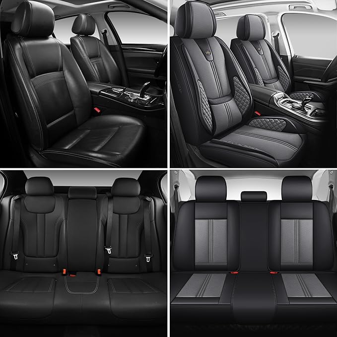 Car Seat Covers Front Only, Black Seat Cover for Cars Compatible Airbag, Easy Install Luxury Leather Automotive Seat Covers with Lumbar Support, for Car, Truck, SUV, Grey