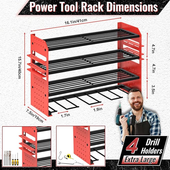 Power Tool Organizer Wall Mount, Red Metal Power Tool Storage Rack with Screwdriver Holder, Garage Tool Storage Shelves with Screwdriver Holder Plier Holder (Red, 4 Drills Holder)