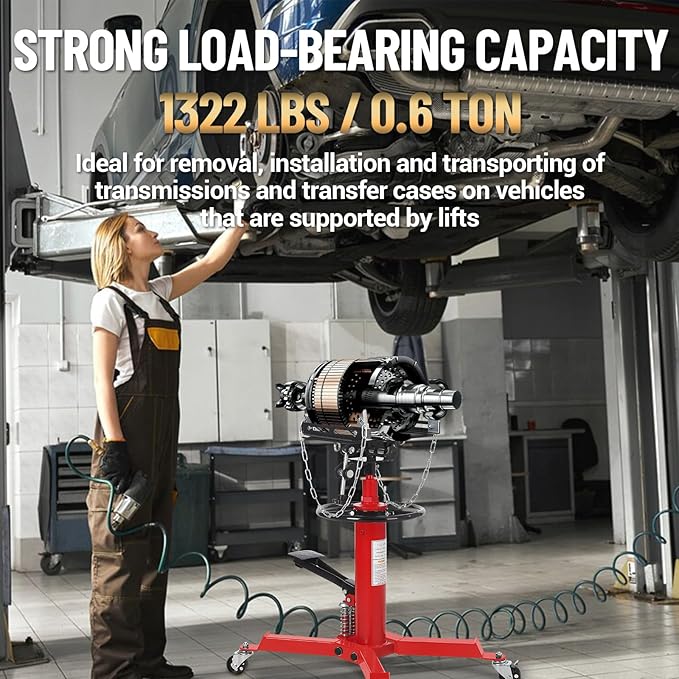 Dual Plunger Hydraulic Transmission Jack 1322lbs Capacity, 33.5"-69" High Lift 2-Stage Hydraulic Telescoping Jack, Trans Jack Stand with 8MM Non-Slip Pad, Foot Pedal & Swivel Wheel, Red