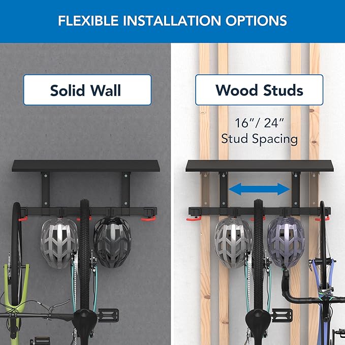 Mount-It! WheelsUp Bike Wall Mount with Shelf | Garage Storage Rack for 3 Bikes & Accessories | Adjustable Padded Hooks, 110 lb Shelf Capacity | Ideal Bike Rack Garage Wall Mount for Organized Spaces