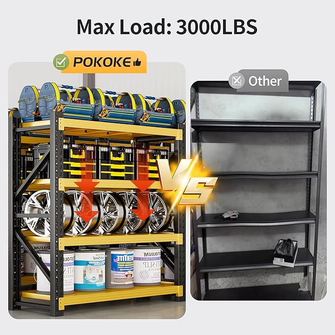Garage Shelving Unit, 4 Tier Heavy Duty Racks, Easy Assembly, Metal Racks with Adjustable Shelves, 3000 LBS Load Capacity,for Warehouse,Basement (Black&Yellow, 19.7" D x 31.5" W x 63" H)