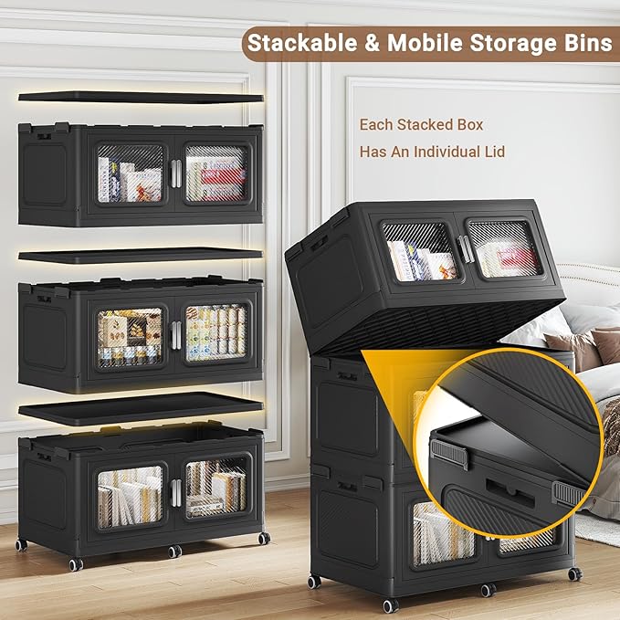 900 Qt Stackable Storage Bin with Lid, 225Gal Extra Large Collapsible Storage Boxes, Folding Plastic Drawer, Heavy-Duty Store Cabinet, Closet Organizer for Home Kitchen, 3 Pack Black