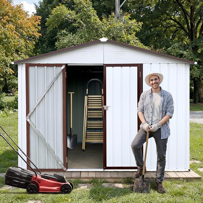 8' x 6' Outdoor Storage Shed, Sturdy Metal Building w/Lockable Doors for Garden, Backyard, Poolside and Lawn, Brown+White